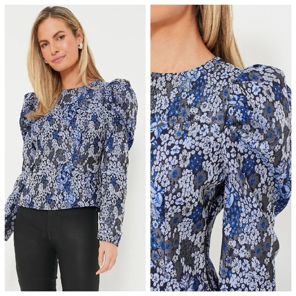 Hyacinth House Blue Jacquard Priscilla Puff Sleeve Top Shirt